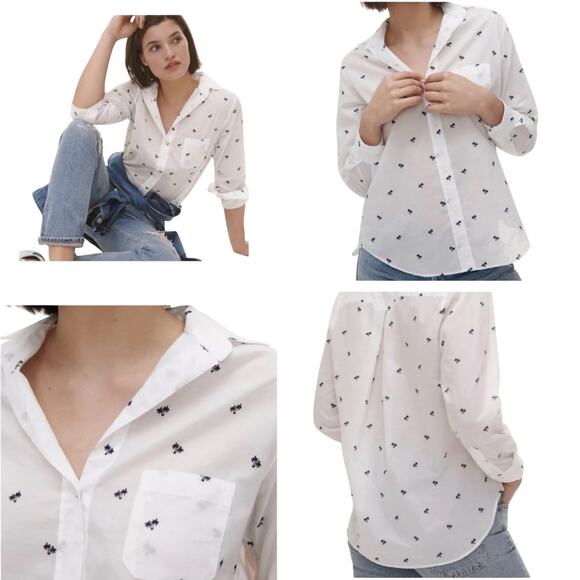Grayson Women's 4 White Blue Palm Tree Cotton Long Sleeve Button Down Shirt - Picture 1 of 10